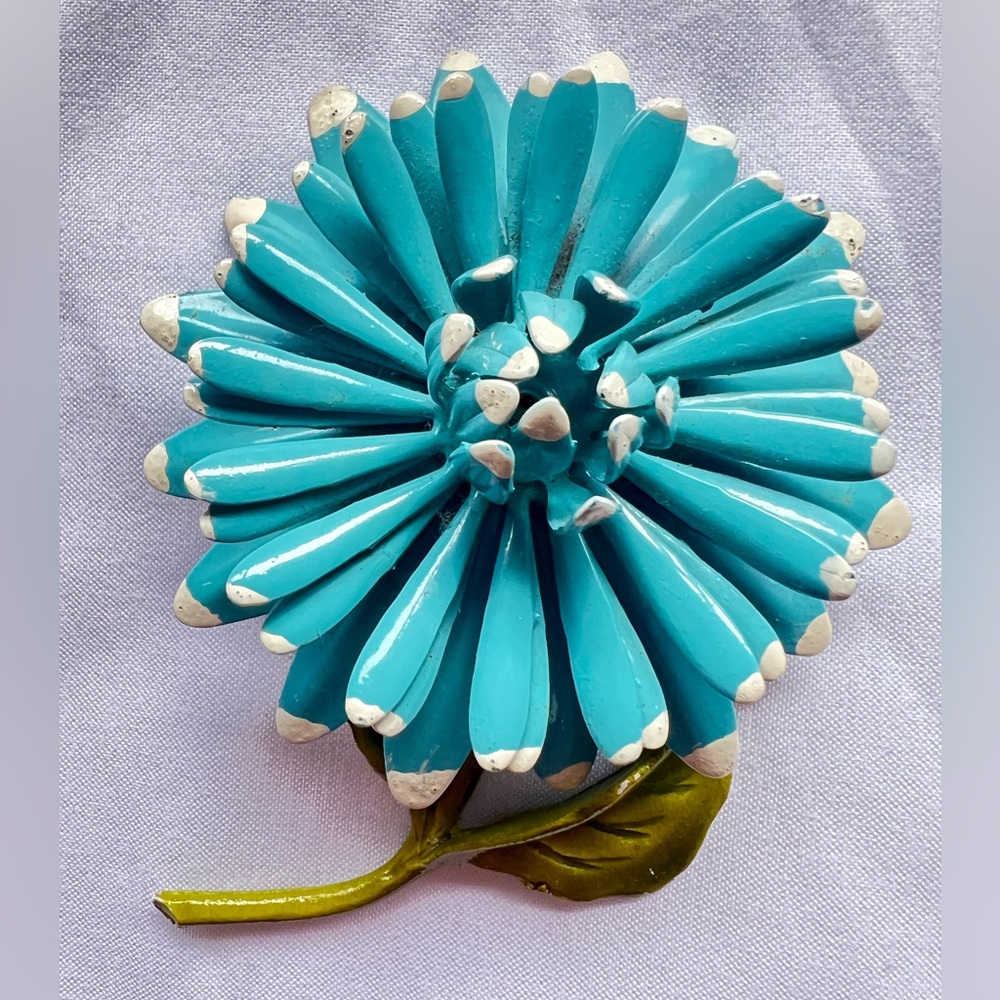 Vintage Turquoise White Tip Enamel Flower Stem & Leaves Statement Brooch (D2)